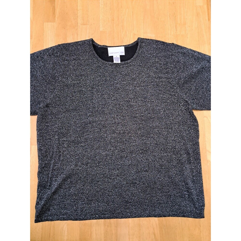 Susan Graver Style Black & Metallic Silver Short Sleeve Top Size 1X